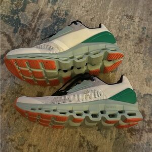 On Cloudstratus Running Athletic Shoes in White, Green, and Orange